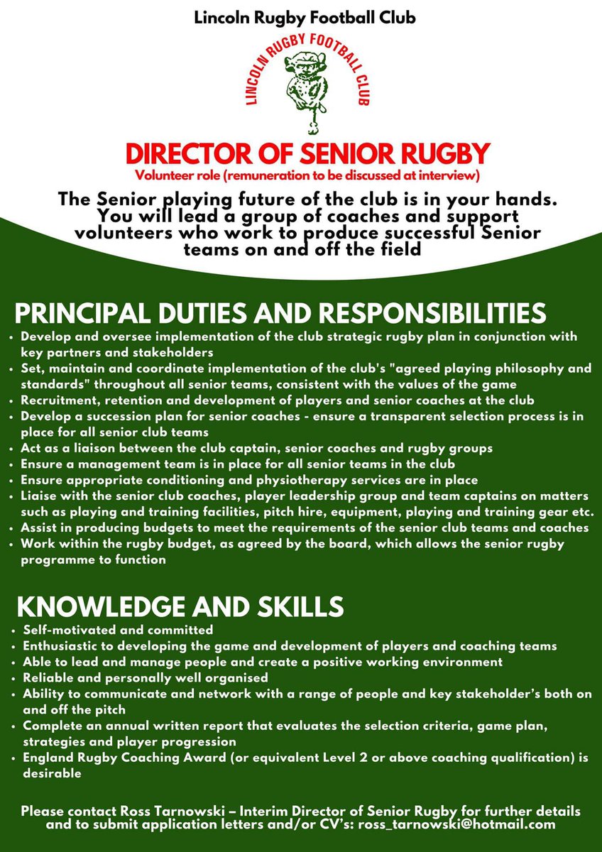 📣📣 Position Available 📣📣

We are currently looking for our new Director of Senior Rugby, if this is something you or someone you know would be interested in please email your CV / expression of interest to ross_tarnowski@hotmail.com ❤️🤍💚