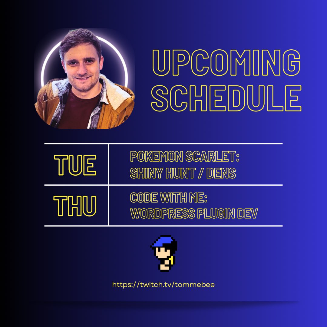 TommMeBee's tweet photo. Woah look at me being #organised for once, this is my #streamschedule for this week! 

Going to be #PokemonScarletViolet tomorrow and also hitting up my first #CodeWithMe Thursday! If you’re fancying backseating, raids, shiny hunting and code come over! https://t.co/DATvf78FBa https://t.co/L5aIrt2HCZ