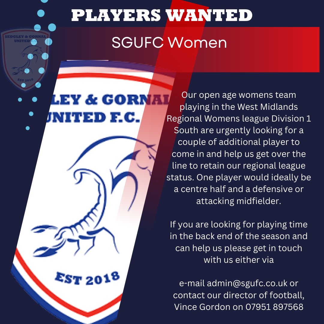 SGUFCWomen's tweet photo. If anyone can help we need a couple of experienced and committed players to help our mainly young squad get us over the line with 6 matches to play.
If anyone can help(We can even give game time to higher league players on a dual signed basis) please get in touch. https://t.co/8QD1rERsAZ
