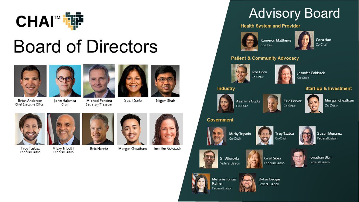 The Coalition for Health AI is excited to announce its CEO, Board of Directors, and the initial leaders and members of the Health System & Provider, Patient & Community Advocacy, Industry, Start-up & Investor, and Government Advisory Boards. Press release: tinyurl.com/2bvsyvhc
