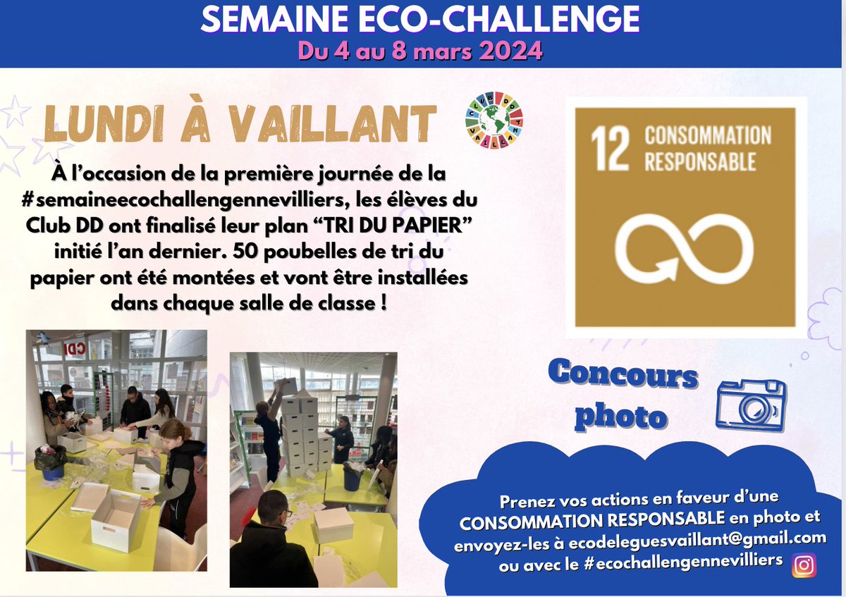 Rym Nouri (@hannarym) on Twitter photo Début de la #semaineecochallenge <a href="/ClgEdouard/">Clg Edouard Vaillant</a> <a href="/acversailles/">Académie de Versailles</a> à laquelle participent tous les établissements du #REP et plus largement de la <a href="/V_Gennevilliers/">Ville de Gennevilliers</a> ! Pour les élèves du Club #EDD et <a href="/GroisardV/">VGroisard</a> lundi, on vise l'#ODD 12 avec du tri ! @edd_versailles Début de la #semaineecochallenge <a href="/ClgEdouard/">Clg Edouard Vaillant</a> <a href="/acversailles/">Académie de Versailles</a> à laquelle participent tous les établissements du #REP et plus largement de la <a href="/V_Gennevilliers/">Ville de Gennevilliers</a> ! Pour les élèves du Club #EDD et <a href="/GroisardV/">VGroisard</a> lundi, on vise l'#ODD 12 avec du tri ! @edd_versailles
