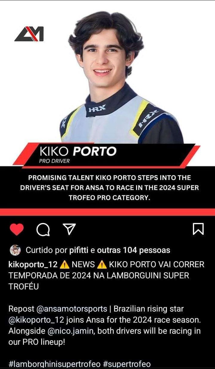Não era bem o que a gente esperava, que era a IndyNXT, mas por outro lado, teremos Kiko Porto competindo na Lamborghini SuperTrofeo nos EUA, o que dá entender que o brasileiro irá migrar para os Sportscars.