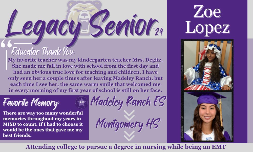 Montgomery ISD (@montgomeryisd) on Twitter photo MISD Legacy Seniors are students that have attended schools in Montgomery ISD Kindergarten-12th grade.
Congratulations to Montgomery HS Legacy Senior Zoe Lopez. <a href="/mhs_bears/">Montgomery High School</a>
#MISDLegacySeniors24 #LeavingALegacy #BePremier MISD Legacy Seniors are students that have attended schools in Montgomery ISD Kindergarten-12th grade.
Congratulations to Montgomery HS Legacy Senior Zoe Lopez. <a href="/mhs_bears/">Montgomery High School</a>
#MISDLegacySeniors24 #LeavingALegacy #BePremier