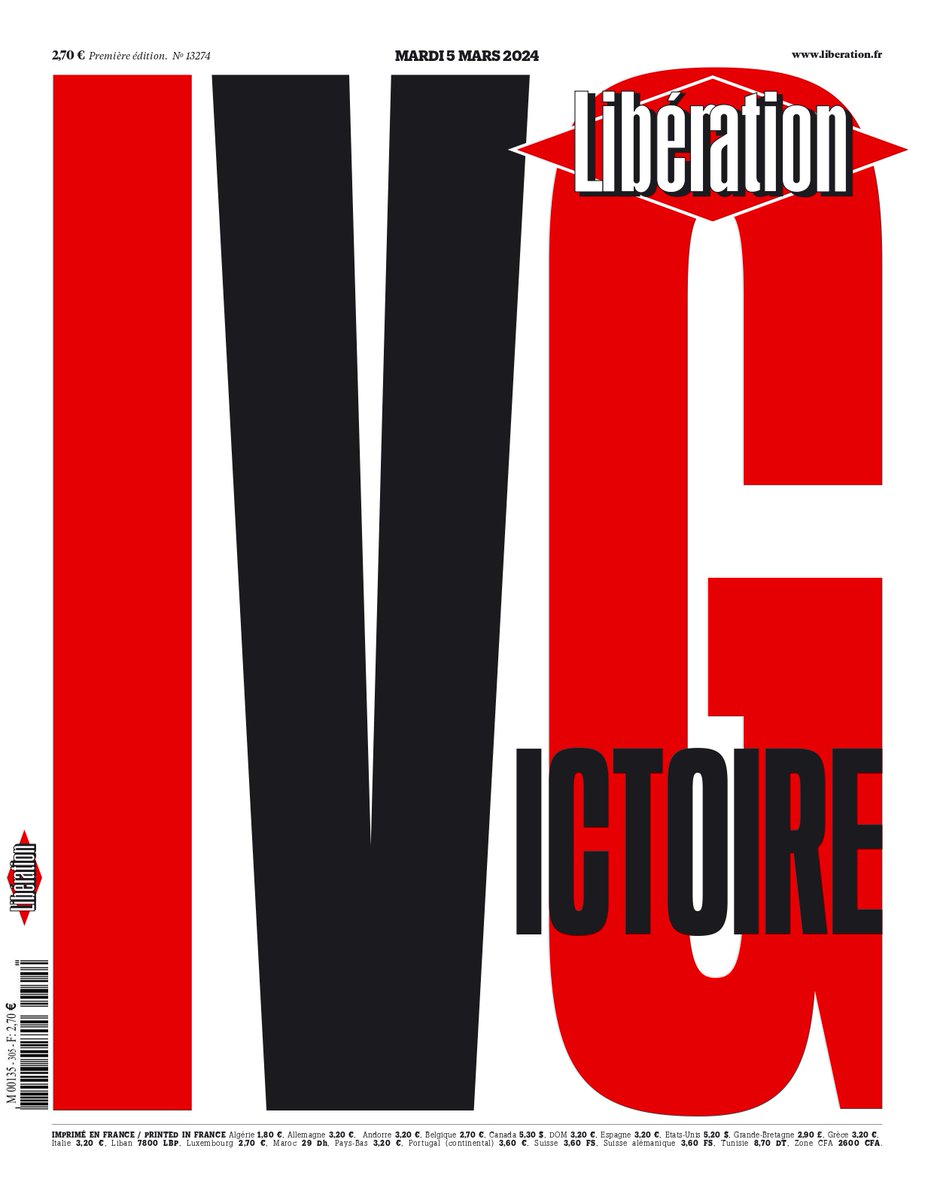 #IVG : Victoire C'est la une de @Libe ce mardi Lire : journal.liberation.fr