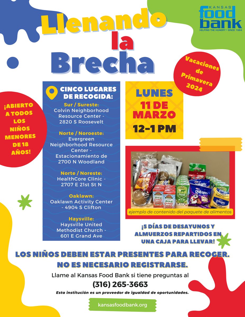 The Filling the Gap distribution for children on spring break is on Monday, March 11th! Any children under 18 are welcome to attend, and will receive 5 days of breakfasts &amp; lunches, no registration needed. See flyer for details! 

#wichitaks #wichita #fillingthegap