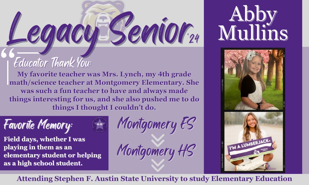 Montgomery ISD (@montgomeryisd) on Twitter photo MISD Legacy Seniors are students that have attended schools in Montgomery ISD Kindergarten-12th grade.
Congratulations to Montgomery HS Legacy Senior Abby Mullins. <a href="/mhs_bears/">Montgomery High School</a>
#MISDLegacySeniors24 #LeavingALegacy #BePremier MISD Legacy Seniors are students that have attended schools in Montgomery ISD Kindergarten-12th grade.
Congratulations to Montgomery HS Legacy Senior Abby Mullins. <a href="/mhs_bears/">Montgomery High School</a>
#MISDLegacySeniors24 #LeavingALegacy #BePremier