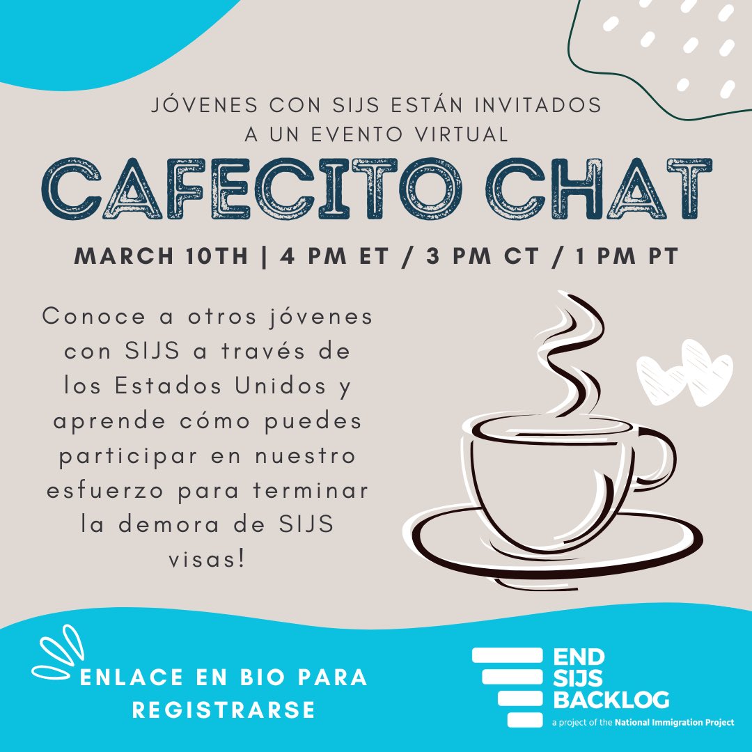 Agarra tu favorito cafecito, té o cualquier otra bebida y únete a una charla comunitaria virtual para conocer a otros jóvenes afectados por la demora de visas. ¡Todos los jóvenes con SIJS son bienvenidos, esperamos verlos allí!☕️