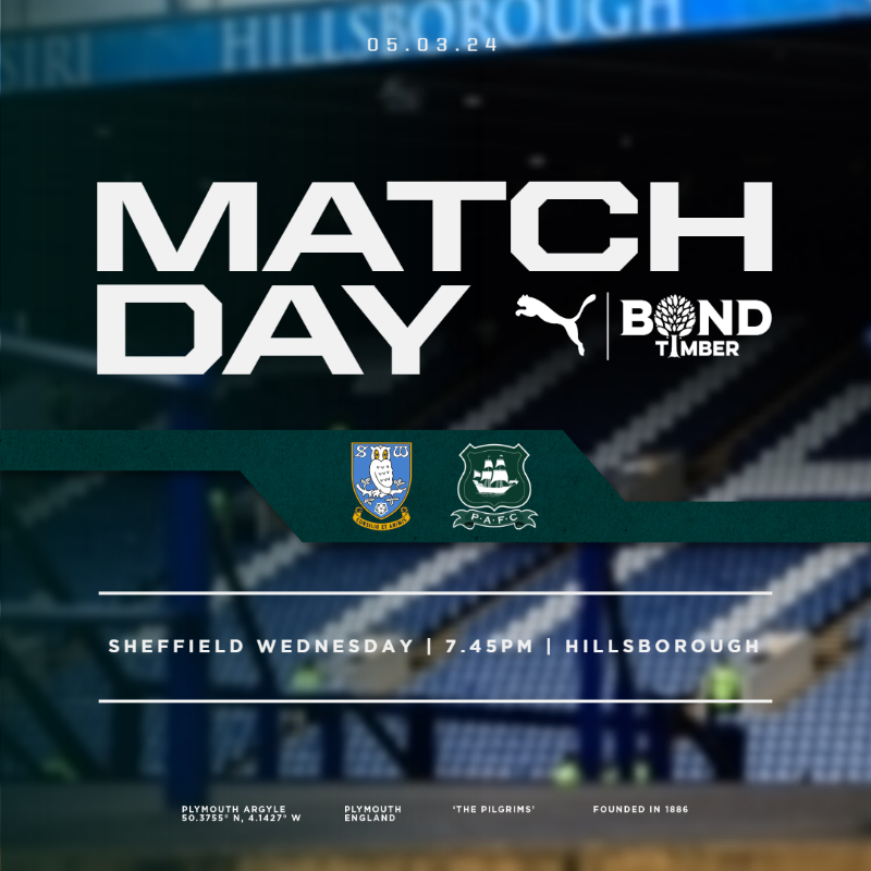 Sheffield, Tuesday.  

🆚 @SWFC
🗓️ Tuesday, 5 March, 7.45pm
🏟️ Hillsborough
☁️ Dry, cloudy, light winds, 6 degrees
🎟️ No pay on the day
📺 Argyle TV domestic and international supporters
📱Argyle App
#pafc