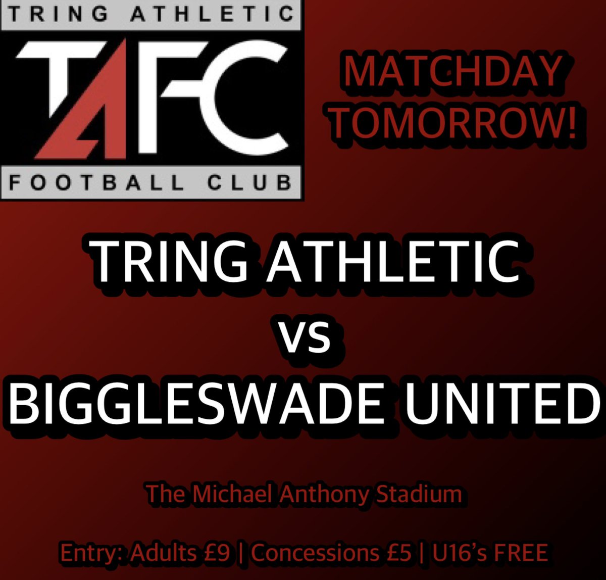 𝗠𝗮𝘁𝗰𝗵𝗱𝗮𝘆 𝗧𝗼𝗺𝗼𝗿𝗿𝗼𝘄! 😍⚽️

🗓️: Tomorrow
🕒: 7:45pm
🆚: @Biggleswadeutd 
🏆: SSMFL Premier Division Cup
🏟️: The Michael Anthony Stadium
🎫: AD £9 | CON £5 | U16’s FREE
🍻: Clubhouse open

See you tomorrow, 𝗔𝘁𝗵𝗹𝗲𝘁𝗶𝗰 fans! ⚽️

𝗖𝗢𝗠𝗘 𝗢𝗡 𝗧𝗥𝗜𝗡𝗚! 🔴⚫️