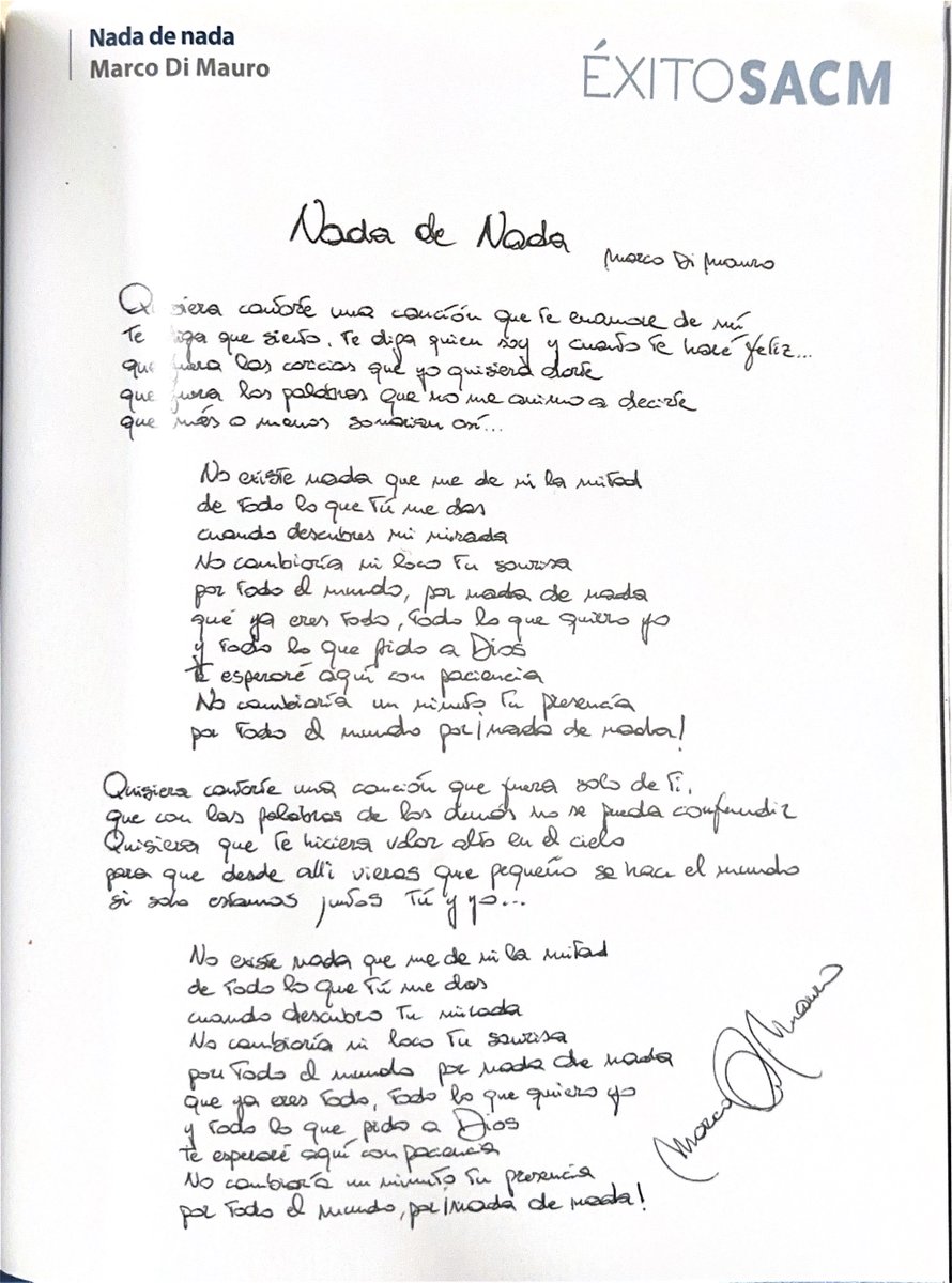 ✍️ #DePuñoYLetra | 'Nada de nada' fue el primer sencillo que se desprendió del álbum debut de @marcodimauro. 

🎶El sencillo, con letra y música de Di Mauro, llegó a conquistar tantos corazones que se convirtió en uno de los doce ✨#ÉxitoSACM del 2011.