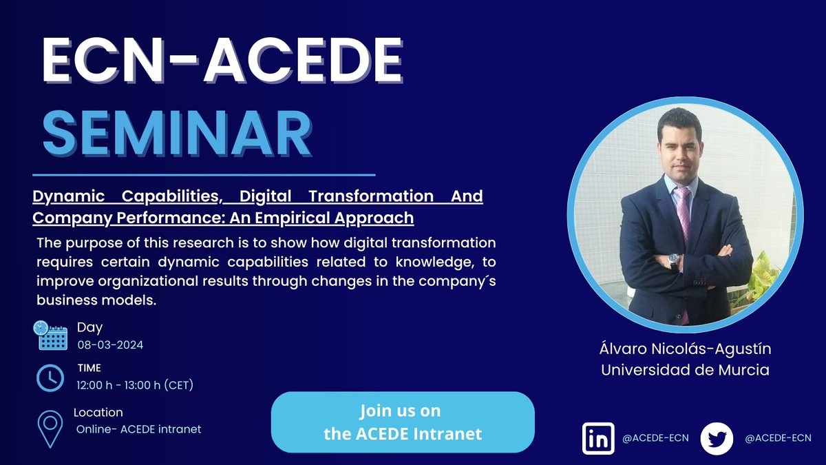 🚀 Join us on Mar 8, 12pm Madrid! Álvaro Nicolás-Agustín presents “Dynamic Capabilities &amp; Digital Transformation” with discussant Joan Merin Rodrigañez. 
📈🔗 Dive into how digital transformation impacts company performance. See you there! #DigitalTransformation #ECNACEDE