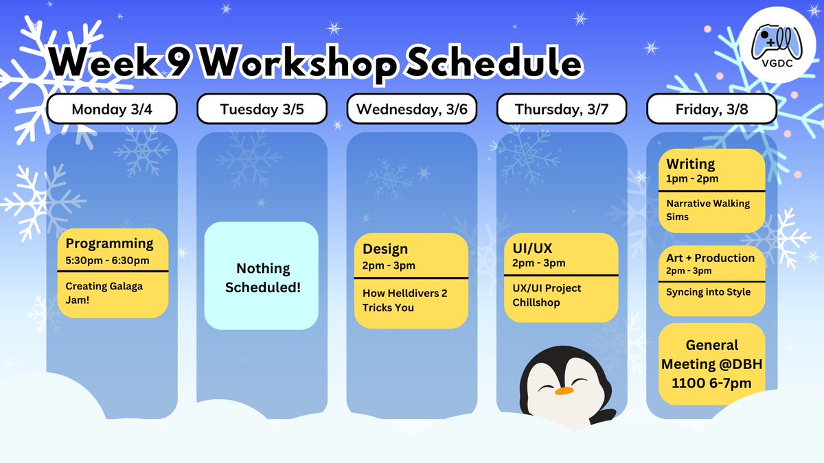 vgdcuci's tweet photo. Welcome to week 9! Here's our workshop schedule this week! Our workshops are hosted by our officers of each department at the Game Lab (DBH 1412)! For more information on them, check out our discord in our linktree! #vgdc #vgdcuci #vgdcatuci https://t.co/z082tVQ6OY