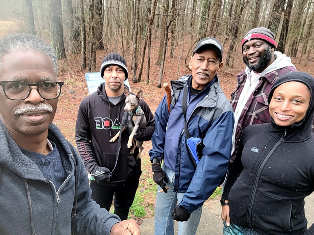 SoFultonRunners's tweet photo. Sunday's hike brought out the guys, the gal, and the pooch. Amidst mild weather it was a nice way for a few Partners to gather, walk, and bond among the towering pines, and gentle forest streams of Georgia. #southfultonrunningpartners #runningpartners #werunatl #werunatlanta https://t.co/2ozusDjoTz