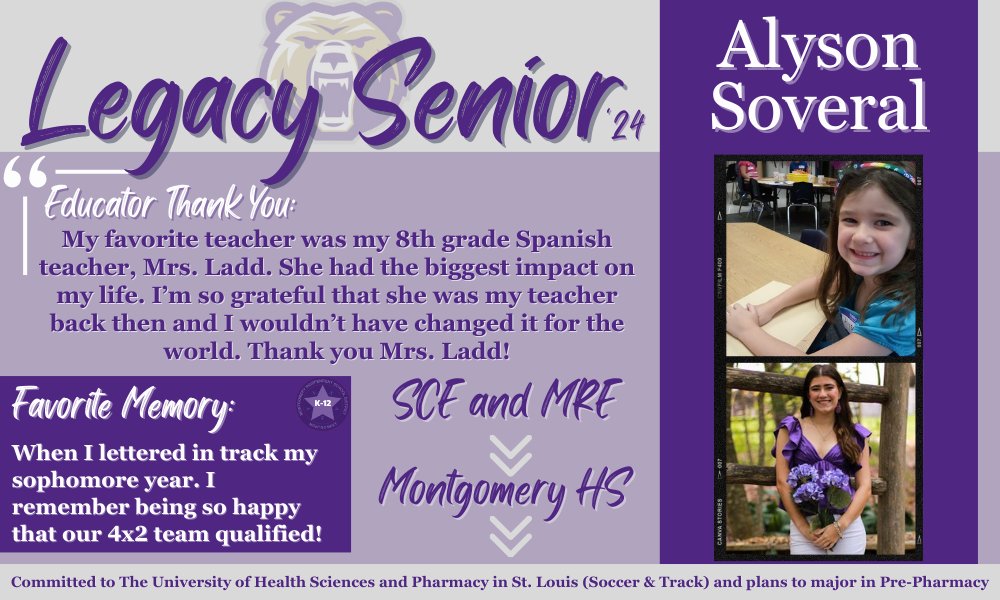Montgomery ISD (@montgomeryisd) on Twitter photo MISD Legacy Seniors are students that have attended schools in Montgomery ISD Kindergarten-12th grade.
Congratulations to Montgomery HS Legacy Senior Alyson Soveral. <a href="/mhs_bears/">Montgomery High School</a>
#MISDLegacySeniors24 #LeavingALegacy #BePremier MISD Legacy Seniors are students that have attended schools in Montgomery ISD Kindergarten-12th grade.
Congratulations to Montgomery HS Legacy Senior Alyson Soveral. <a href="/mhs_bears/">Montgomery High School</a>
#MISDLegacySeniors24 #LeavingALegacy #BePremier