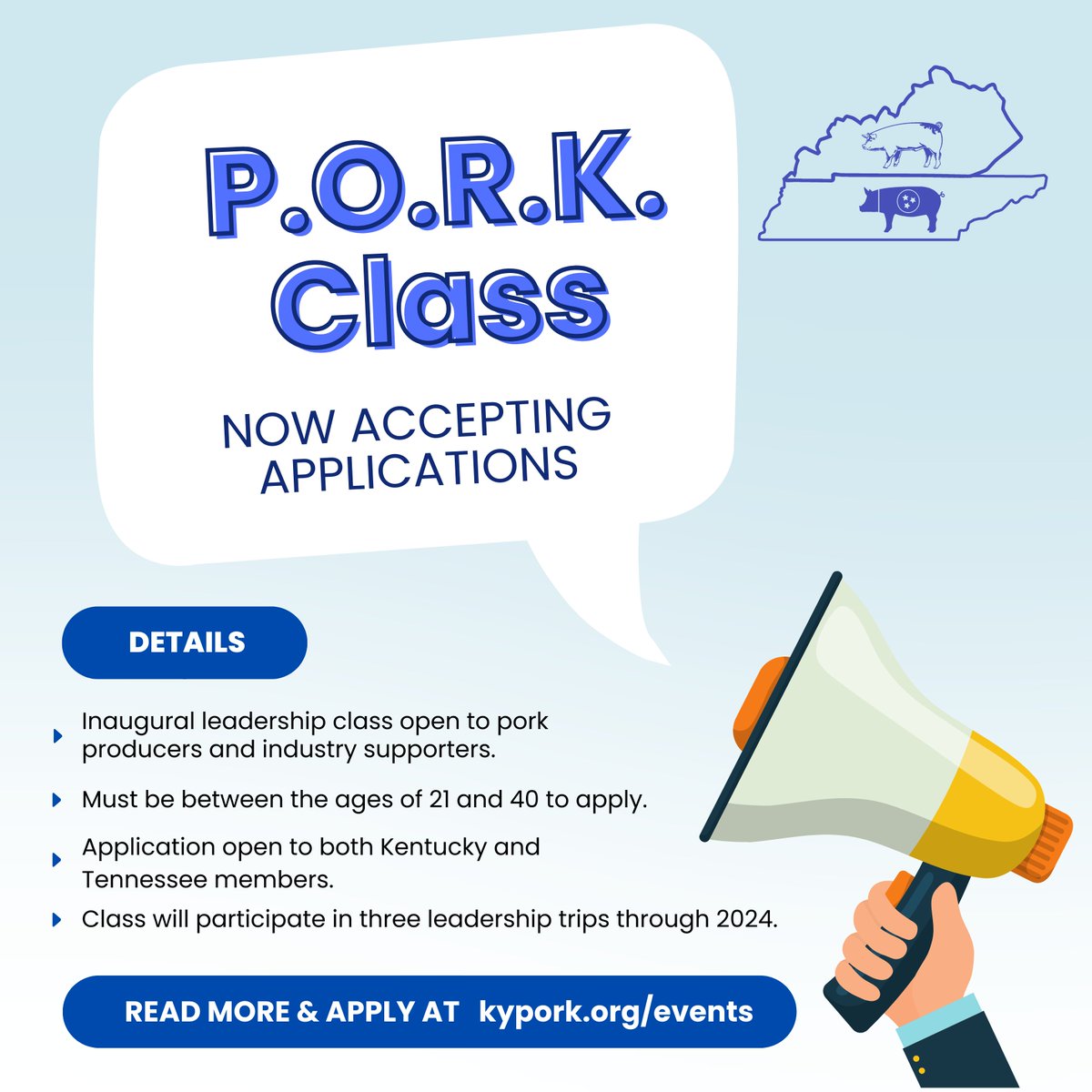 🎓 Open to pork producers or industry supporters in KY &amp; TN.
🎓 Between the ages of 21 and 40 to apply.
🎓 In and out of state trips centered around the pork industry.

Application and details can be found at kypork.org/events. 
Deadline to apply is Monday, March 11.