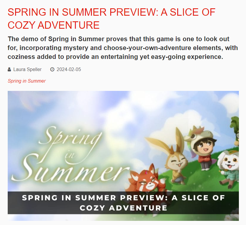 Thank you <a href="/KeenGamerCom/">KEENGAMER</a>  and Laura Speller for the very in-depth review of our Spring in Summer demo ♥️ Awesome writeup, be sure to check it out! #indiegame #indiedev #cozygame 

Link: keengamer.com/articles/previ…