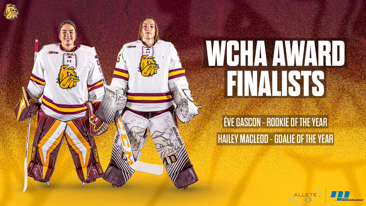 UMD Athletics (@umdbulldogs) on Twitter photo .<a href="/UMDWHockey/">UMD Women's Hockey</a> Hailey MacLeod and Ève Gascon Named Finalists for WCHA Goaltender and Rookie of the Year
Story: umdbulldogs.com/news/2024/3/4/… .<a href="/UMDWHockey/">UMD Women's Hockey</a> Hailey MacLeod and Ève Gascon Named Finalists for WCHA Goaltender and Rookie of the Year
Story: umdbulldogs.com/news/2024/3/4/…