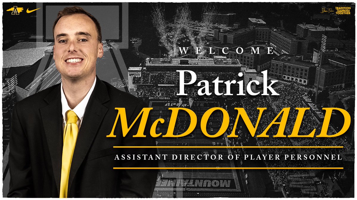 #AppNation, please welcome Patrick McDonald as a new Assistant Director of Player Personnel! 

A Georgia alum, Patrick has worked as a recruiting coordinator in the ACC at Georgia Tech and also had player personnel experience in the Sun Belt.

#GoApp
