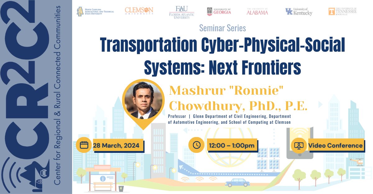 🗓️ Save the Date! Join us for an exciting webinar on Thursday, March  28, 12:00-1:00 PM, to explore “Transportation Cyber-Physical-Social  Systems: Next Frontiers.”🚀 Seminar details 👉 shorturl.at/aiqrQ Join via Zoom 👉 ncat.zoom.us/j/95043390988   #UTC #CR2C2 #AmazingUTCs