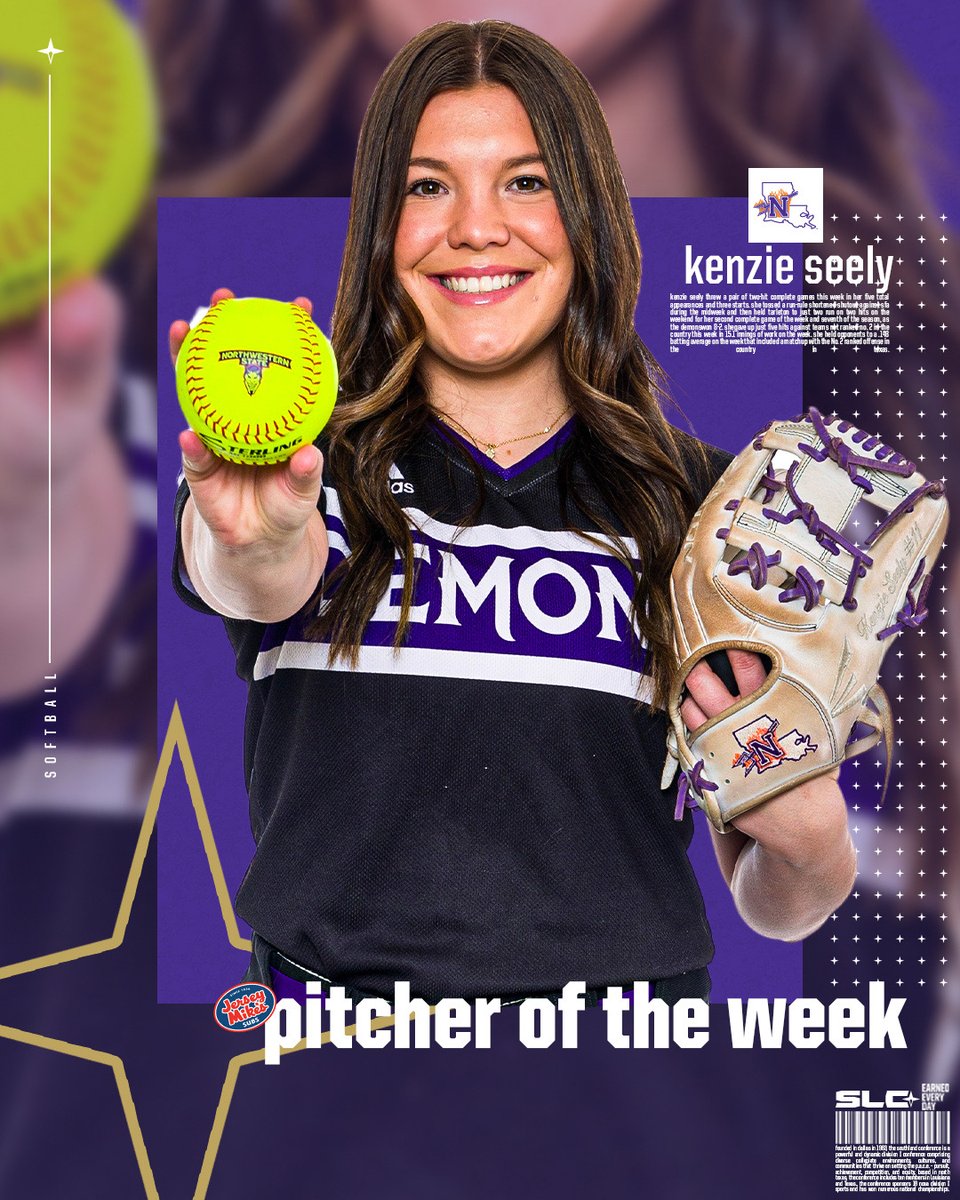 Southland Conference (@southlandsports) on Twitter photo Facing her?! Good luck...
She held her opponents to just a .148 batting average across five appearances last week. Kenzie Seely of Northwestern State is your <a href="/jerseymikes/">Jersey Mike's Subs</a> SLC Softball Pitcher of the Week!
Congratulations Kenzie!
#EarnedEveryDay Facing her?! Good luck...
She held her opponents to just a .148 batting average across five appearances last week. Kenzie Seely of Northwestern State is your <a href="/jerseymikes/">Jersey Mike's Subs</a> SLC Softball Pitcher of the Week!
Congratulations Kenzie!
#EarnedEveryDay