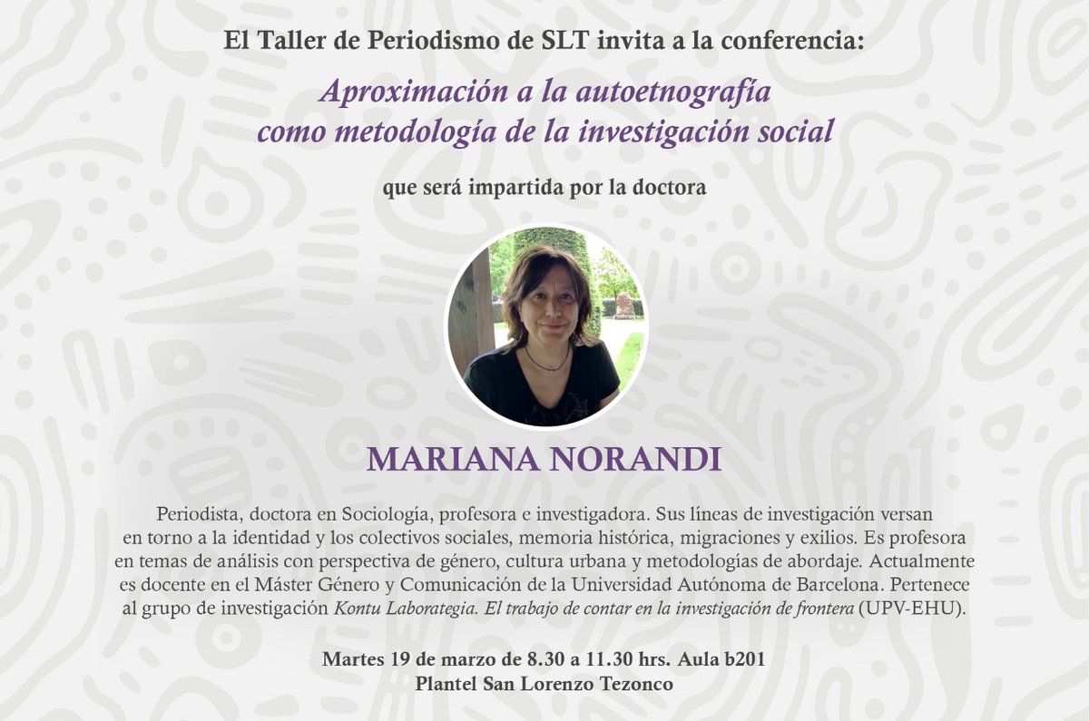 El #TallerDePeriodismo de la #UACM en SLTZ invita a aproximarse a la autoetnografía feminista como una de las formas de investigación social contemporánea para situar nuestro lugar de enunciación como intérpretes. 
La ponente, <a href="/mnorandi/">Mariana Norandi</a>  es una de las expertas que mejor conocen,
