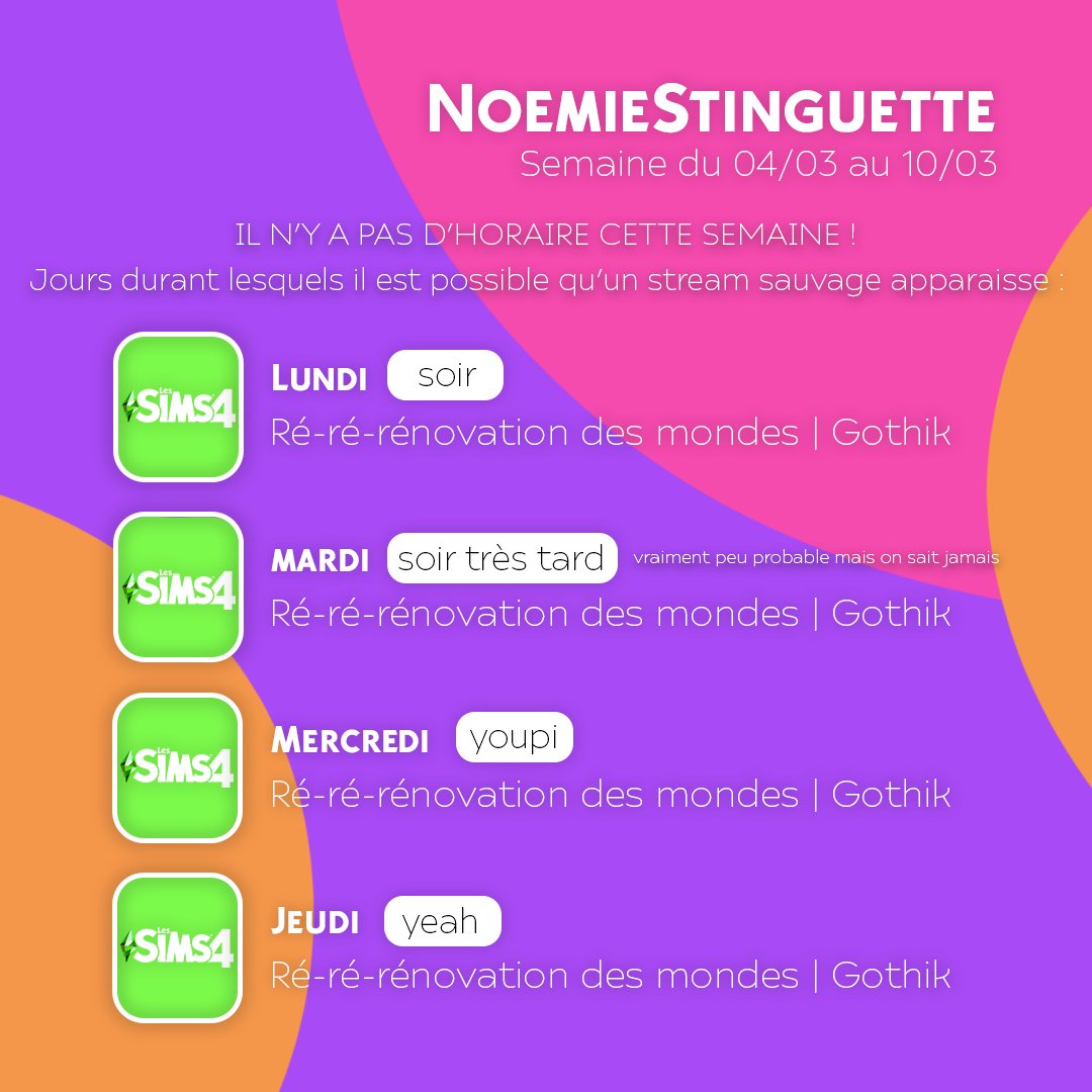C'est un approxiplanning cette semaine ⏰
Il y a pas mal de choses côté perso à faire donc je préfère ne pas me mettre la pression avec les horaires ! 
Mon seul but sur Twitch : TERMINER LE MANOIR ! YOUPIYEAH 🏰