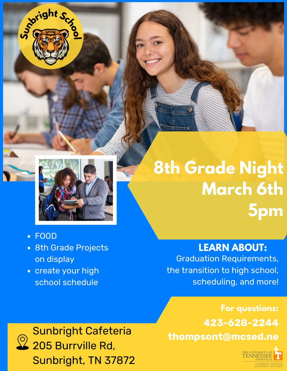 utk_uacs's tweet image. Come Join Us for 8th Grade Night🎓 March 6th at 5pm in the Sunbright School Cafeteria 205 Burrville Rd, Sunbright, TN 37872
#utkuacs #uacssunbright #uacspondgap #utknoxville #CommunitySchools