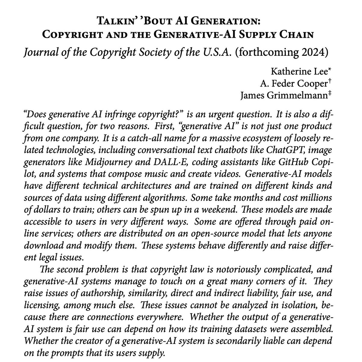 🎉We just turned in our edits of “Talkin’ ‘Bout AI Generation: Copyright and the Generative-AI Supply Chain” for publication at the Journal of the Copyright Society!🎉 Revised version on SSRN (on arXiv tonight): papers.ssrn.com/sol3/papers.cf… Blog post: genlaw.org/explainers/tal… We’re…