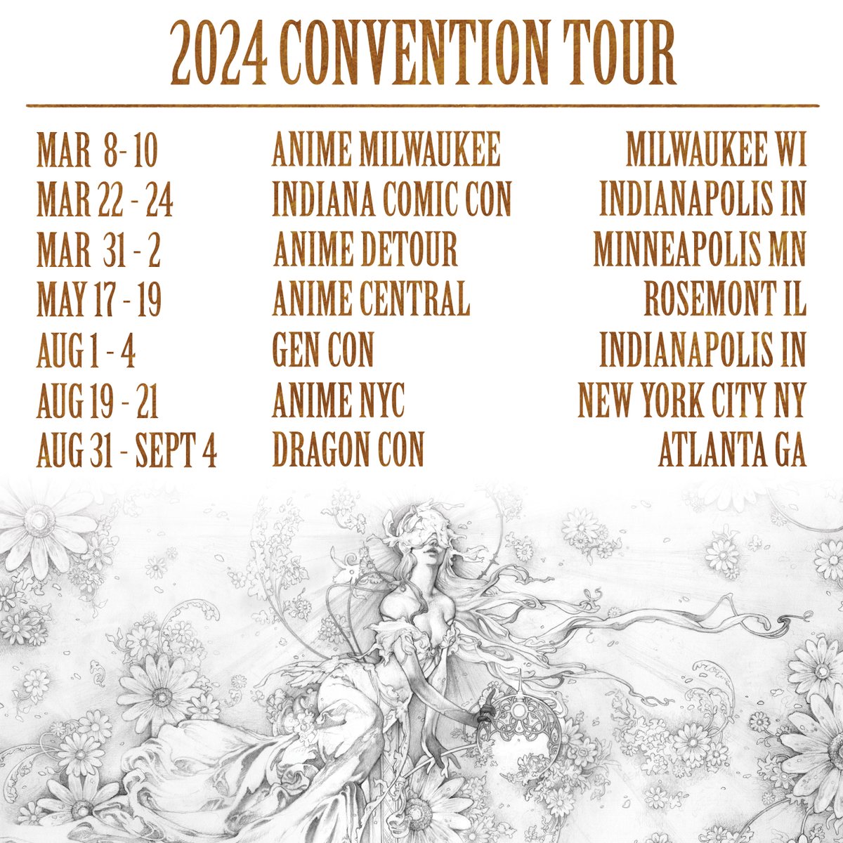 I'm back on the road!! See you at these conventions throughout 2024 below! ✨