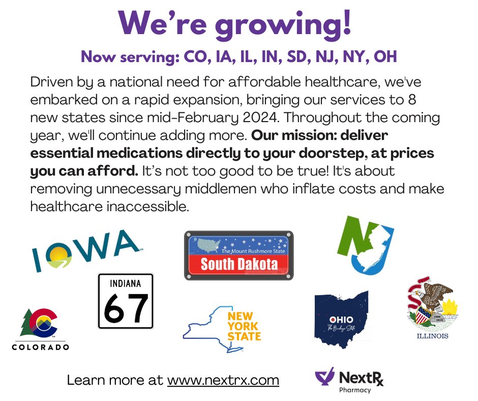 NextRxPharmacy's tweet photo. #PharmacyExpansion #HealthcareAccess #NewStates #AffordableMedications #GenericMeds #HealthForAll #PharmacyServices #CommunityHealth #IowaPharmacy #NewJerseyPharmacy #SouthDakotaPharmacy #ColoradoPharmacy #IllinoisPharmacy #IndianaPharmacy #NewYorkPharmacy #OhioPharmacy https://t.co/NywduCvegB
