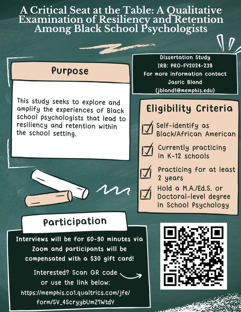 My brilliant students are on the move. If you are a Black school psychologist or know a Black school psychologist practicing in K-12 schools, please consider participating and/or sharing.