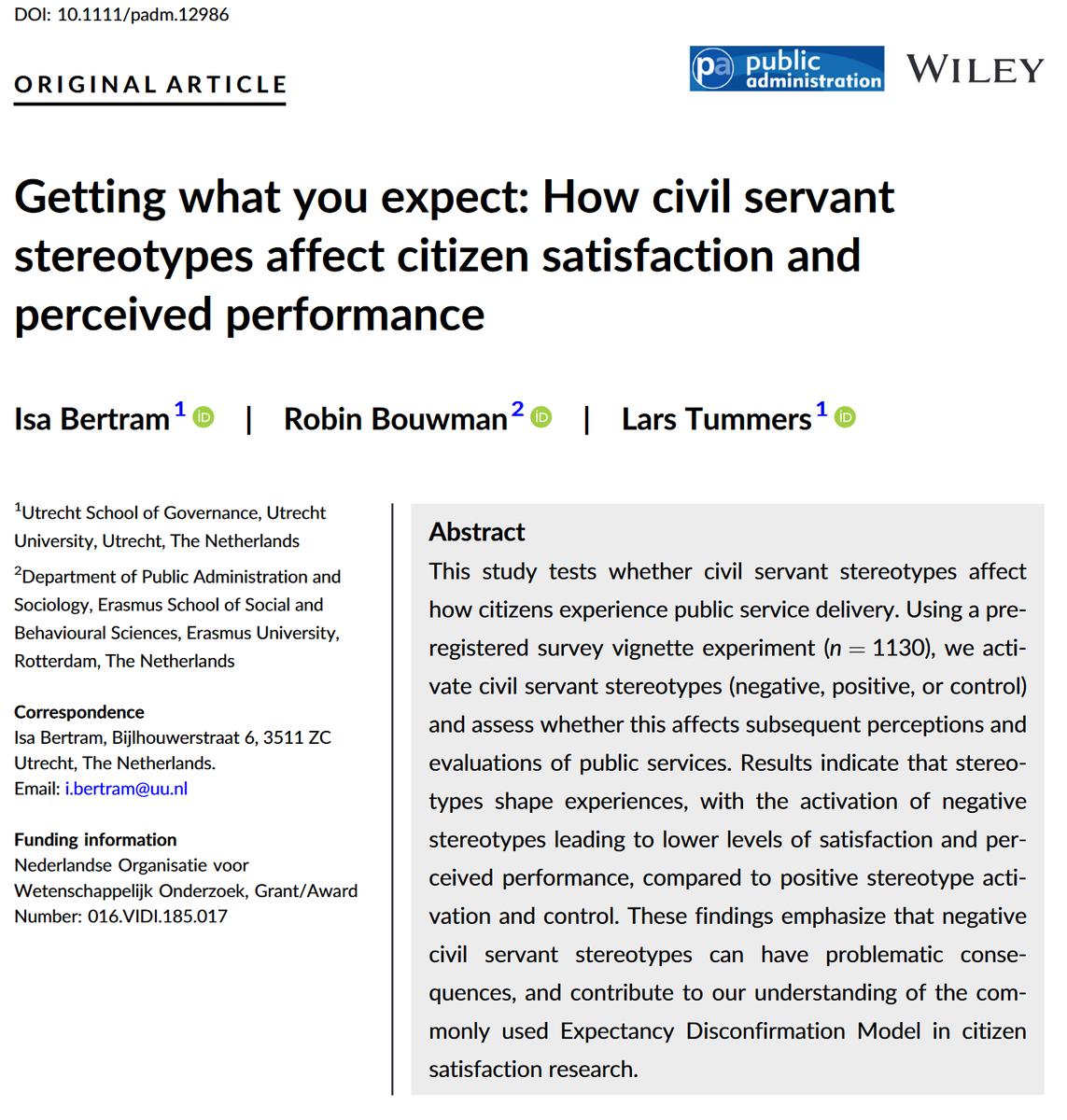 'Getting what you expect: How civil servant stereotypes affect citizen satisfaction and perceived performance' by @IsaBertram1, Robin Bouwman, & @LGTummers shows negative public sector stereotypes lead to lower satisfaction and perceived ... (1/n) doi.org/10.1111/padm.1…