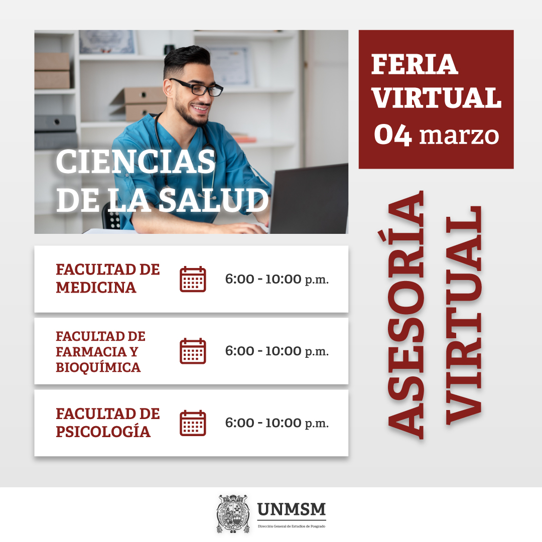 𝐅𝐞𝐫𝐢𝐚 𝐕𝐢𝐫𝐭𝐮𝐚𝐥 #UNMSM ¡𝐄𝐒 𝐇𝐎𝐘, 𝐄𝐒 𝐇𝐎𝐘! Comenzamos con 𝐂𝐢𝐞𝐧𝐜𝐢𝐚𝐬 𝐝𝐞 𝐥𝐚 𝐒𝐚𝐥𝐮𝐝 𝐚 𝐥𝐚𝐬 𝟔 𝐩.𝐦. 
¡Te esperamos! 
Únete aquí posgrado.unmsm.edu.pe/feria/
Envíanos tus datos al siguiente link bit.ly/ADMISION24I-DG… para poder enviarte la información