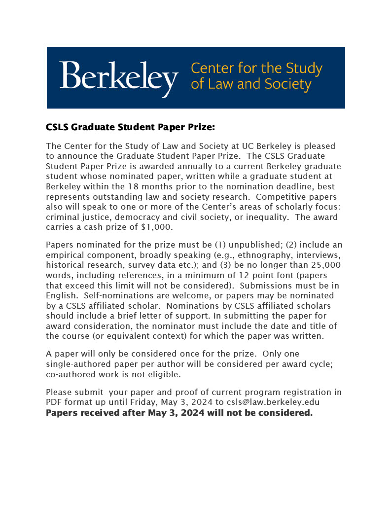 We are now accepting submissions for the 2024 CSLS Graduate Student Paper Prize! Submissions will be accepted until May 3rd, 2024. Please see our site for more information about the submission process: csls.berkeley.edu/opportunities/…