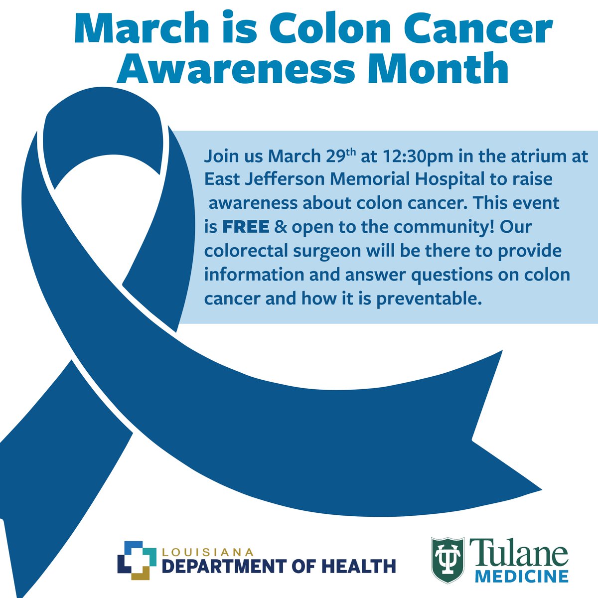 Join us on Friday, March 29th, at 12:30pm to raise awareness about Colon Cancer. Dr. Jacquelyn S. Turner, colorectal surgeon, will answer some questions and explain ways to help prevent colon cancer! This event is FREE and open to the public! #coloncancerawarenessmonth