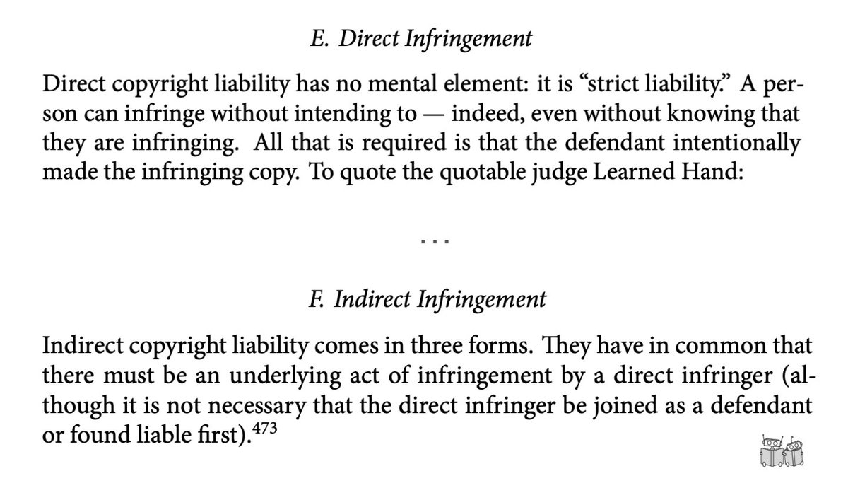 Copyright Day 1. Does it matter if a potential copyright infringer _intended_ to infringe? Many of the lawsuits against companies that train generative-AI models are for *copyright infringement.* The plaintiffs own copyrights to creative content; they believe their content was…