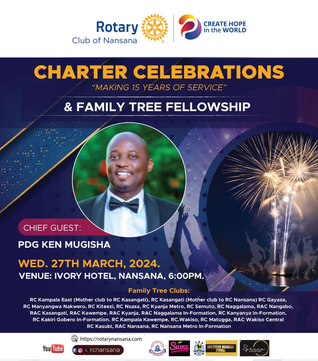 *CELEBRATIONS AT NANSANA We'll be very glad to host you on *Wednesday 27th March, 2024* as we dine with our lovely chief guest *PDG Ken Mugisha* and many other friends and colleagues at *Ivory Hotel, Nansana* starting at exactly *6:00pm*. We can't wait !!! *#RCNansana_At_15*