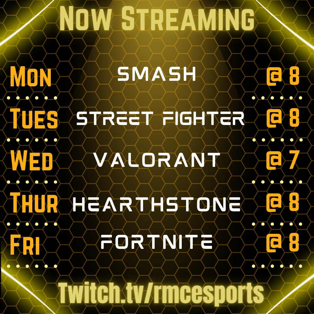 Buzz wake up, RMC Esports stream schedule just dropped

#RMCEsports #esports #twitch #streaming #ECAC #NACE #videogames #gaming #ssbu #streetfighter #valorant #hearthstone #fortnite