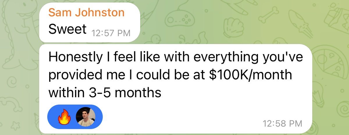 Fitness coach @thesamjohnston went from $10k/month to $40k/month while working together so far. And he texted me this lol.