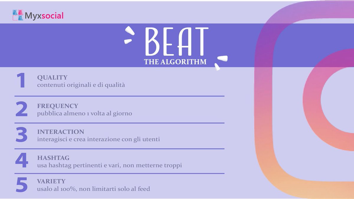 Mygladix1's tweet image. Ecco 5 consigli per battere l'algoritmo di IG 👊 💥 
Li conoscevi già?
#beatthealgorithm #algoritmo #mygladix