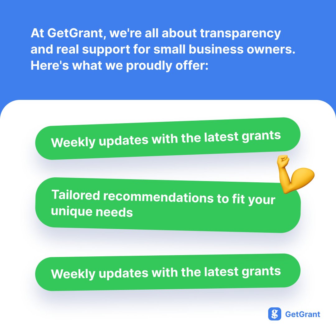 GetGrant_AI's tweet image. GetGrant Truths: ✅ Weekly grant updates, ✅ Tailored recs, ✅ Real opportunities. ❌ No false guarantees on winning grants. Just real support, no scams, just opportunities. Dive in without the BS. #GetGrant  #GrantTips #GrantFunding #GrantSuccess