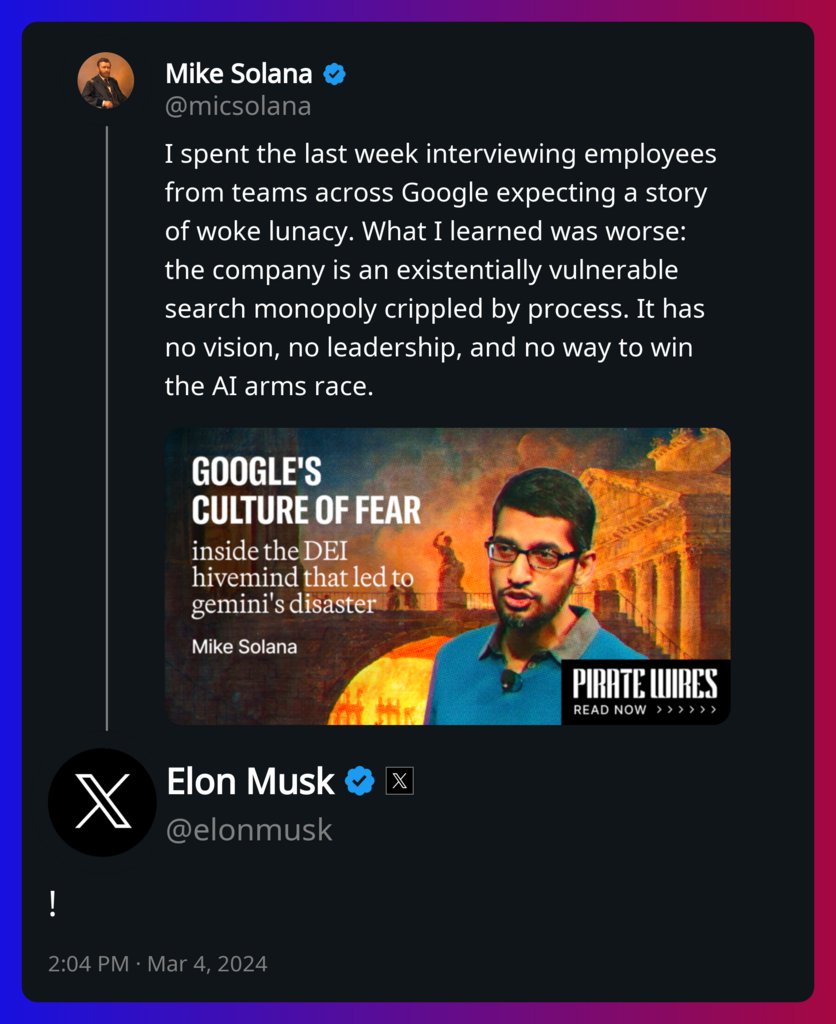 Elon Musk replied to Mike Solana https://t.co/f55DUoasQR