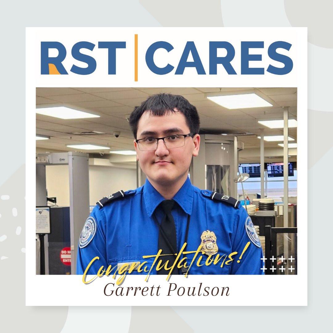 RST Cares Award recognizes employees. We recognize TSA Officer Garrett Poulson. He thoughtfully offered a passenger a ride after learning of the man's hardships. Thank you, Garrett, for taking care of our passengers! #FlyRST #ActsofKindness #MayoClinic #RochMN