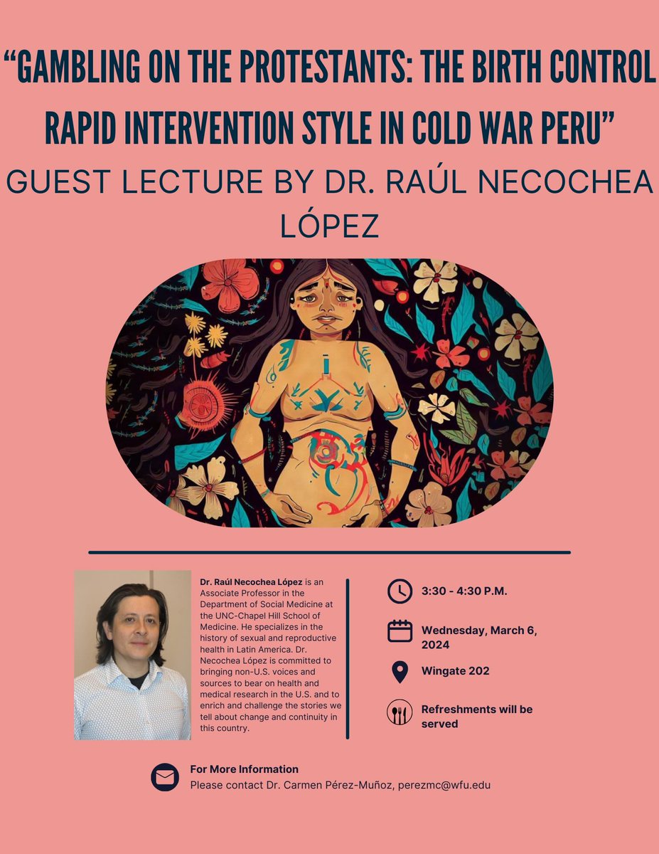 WFUSpanItal's tweet photo. The Medical Spanish Series is hosting Dr. Raúl Necochea this Wednesday, March 6. Join us at Wingate (behind Wait Chapel) at 3:30pm. https://t.co/A5AHLUaIsA