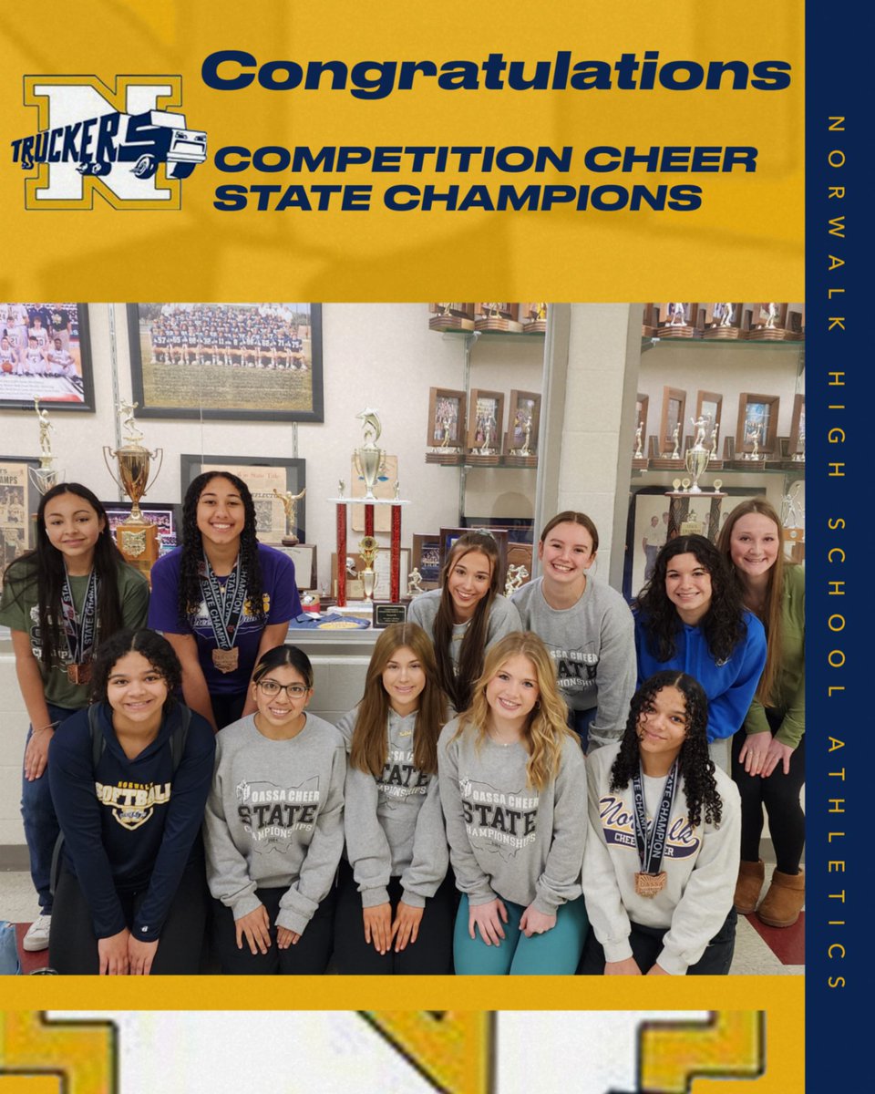 NHSTruckers's tweet photo. Fresh off their Cheer State Championship the girls have placed their trophy in the trophy case!  Congratulations ladies! https://t.co/0Ygw0YebnC
