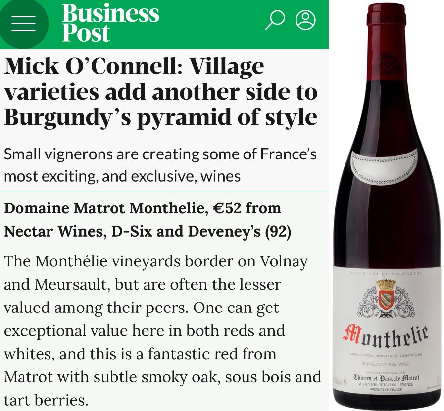 Delighted to see Monthelie from Matrot recognized @businessposthq 😍 Made from 60-year-old vines and organically farmed since 2000, it’s a true gem offering serious value in red Burgundy. 🍇🌿