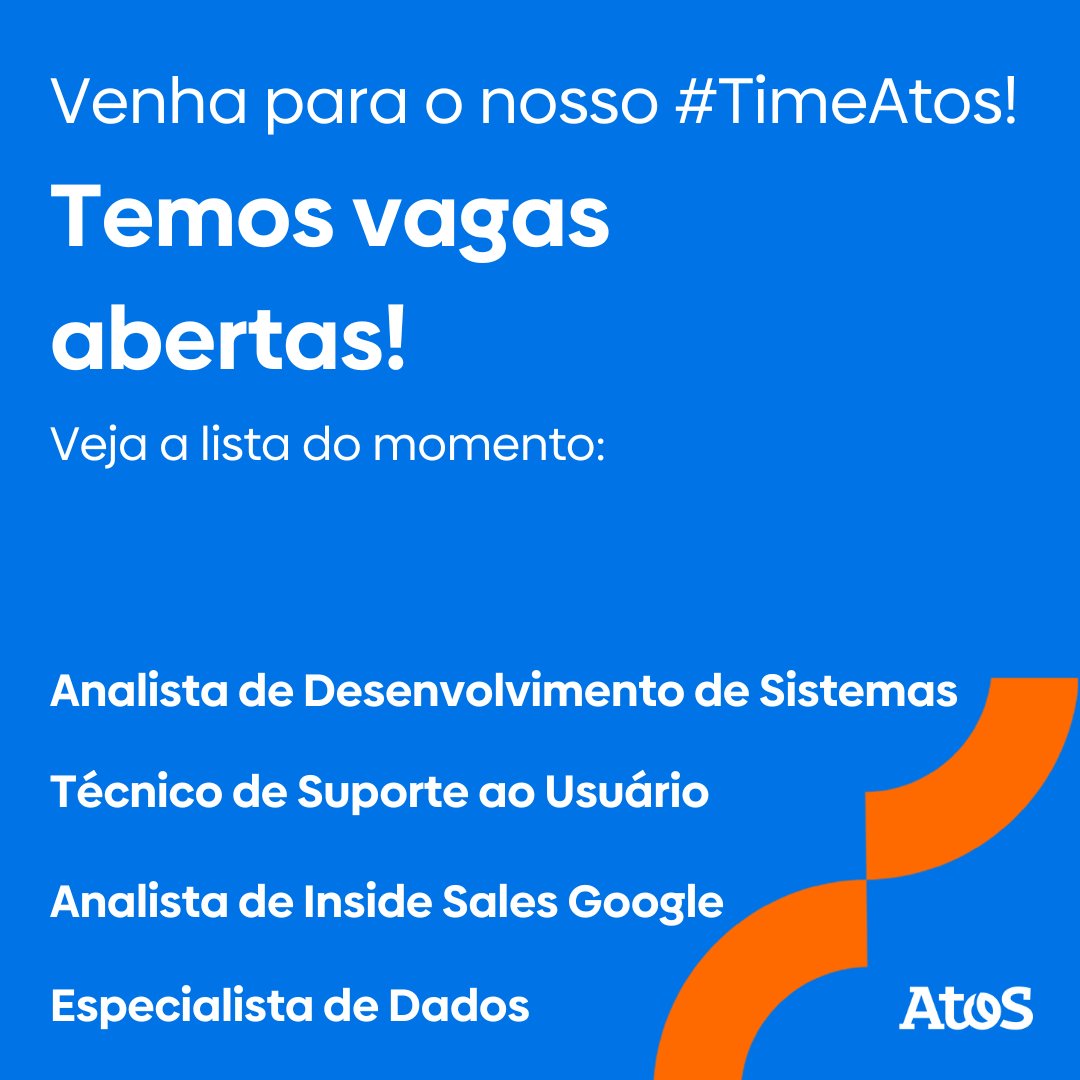 Essas são algumas oportunidades do momento para fazer parte do nosso #TimeAtos, mas em nossa página de vagas no LinkedIn há muito mais! 

Estamos sempre em busca de novos talentos, acesse agora mesmo nossa página de vagas. 

linkedin.com/company/atos/
 
#AtosBrasil #Oportunidades