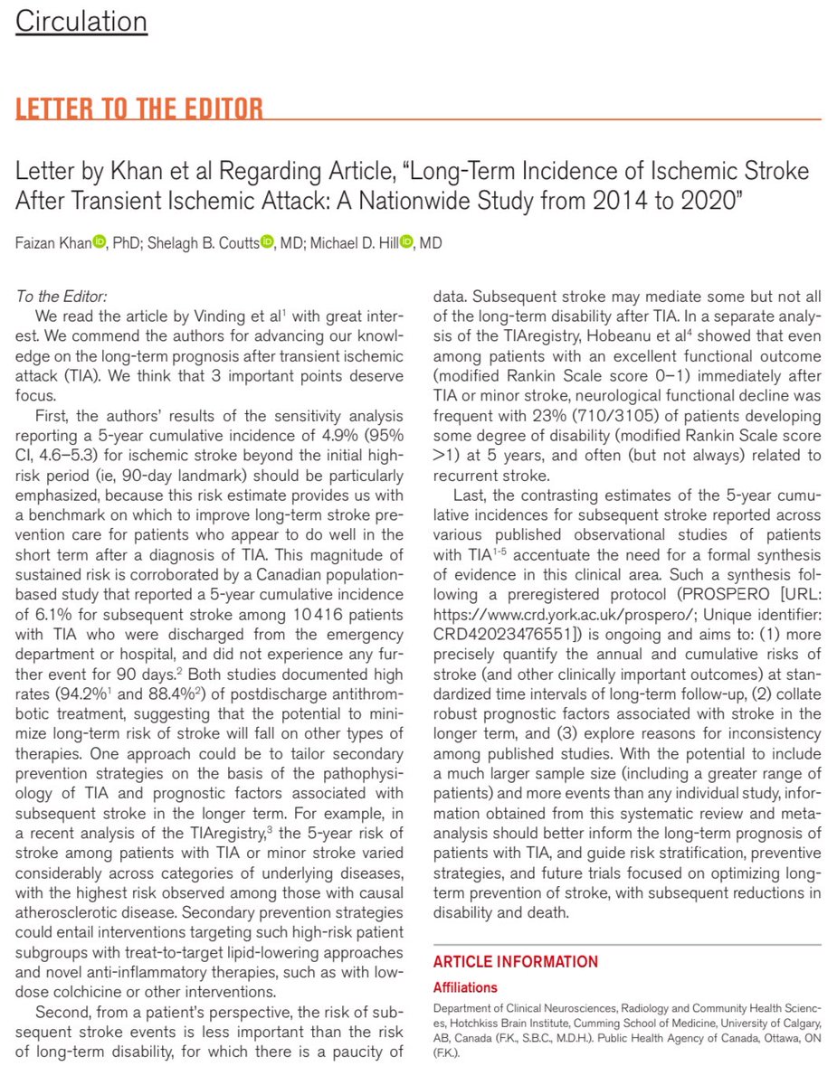 Faizan Khan, PhD (@faizank91) on Twitter photo 🚨🆕 The first publication from my #BantingCanada fellowship is now out in <a href="/CircAHA/">Circulation</a>!
Here, <a href="/SCouttsMD/">ShelaghCouttsMD</a> <a href="/mihill68/">Michael D Hill</a> & I highlight current knowledge gaps & set the stage for our upcoming collaborative evidence synthesis on the long-term prognosis after #TIA 🧠
ahajournals.org/doi/10.1161/CI… 🚨🆕 The first publication from my #BantingCanada fellowship is now out in <a href="/CircAHA/">Circulation</a>!
Here, <a href="/SCouttsMD/">ShelaghCouttsMD</a> <a href="/mihill68/">Michael D Hill</a> & I highlight current knowledge gaps & set the stage for our upcoming collaborative evidence synthesis on the long-term prognosis after #TIA 🧠
ahajournals.org/doi/10.1161/CI…
