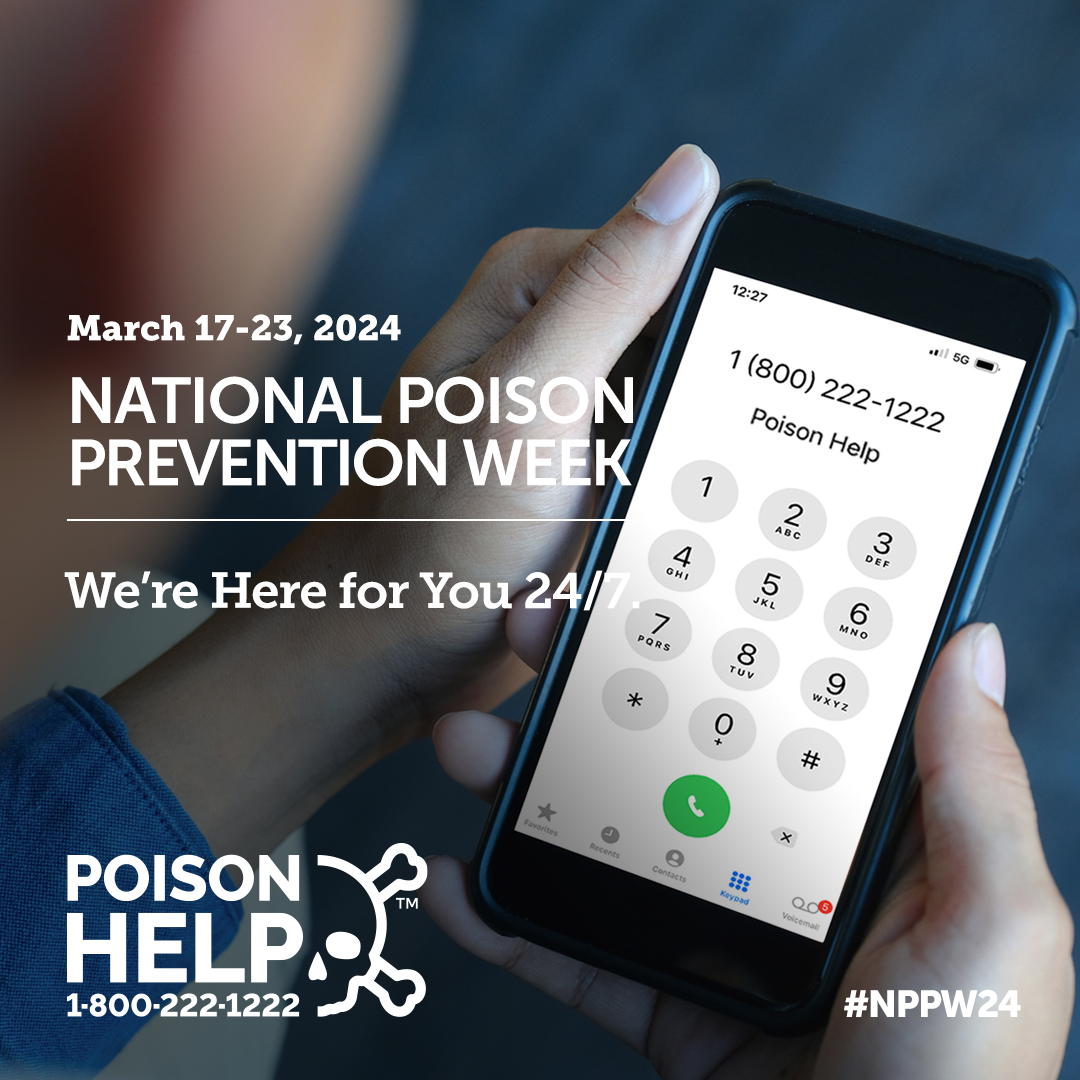 IT'S ALMOST HERE! Join us as we celebrate National Poison Prevention Week, next week! #NPPW24
👀 Keep an eye out and share #poisonprevention tips all next week
📲 1-800-222-1222 Save the #PoisonHelp number in your #phone