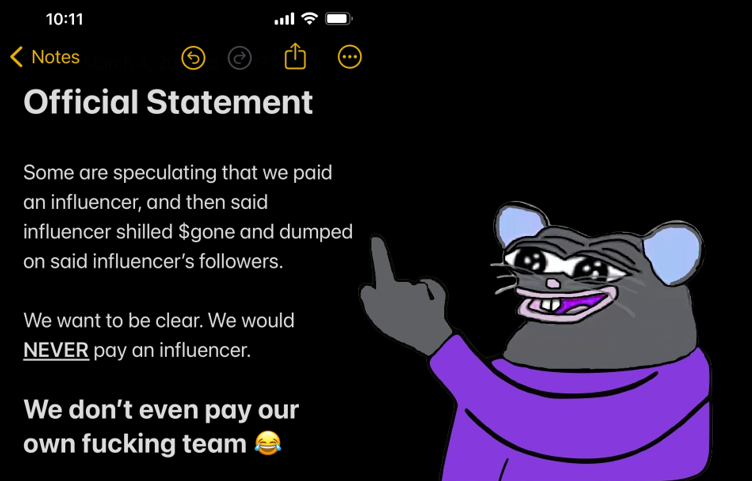 gonepolygone's tweet photo. we DID NOT have sexual relations with that influencer 

(except Sandy @sandeepnailwal who we bribed) $GONE https://t.co/6ubOAqMBMY